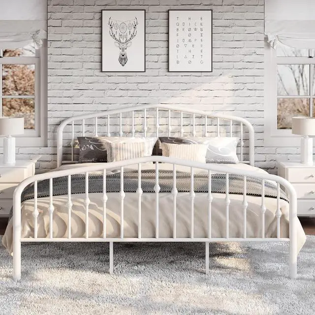 Alt view image 3 of 7 - King Size Metal Platform Bed Frame with Victorian Style Wrought Iron-Art Headboard/Footboard, No Box Spring Required, White