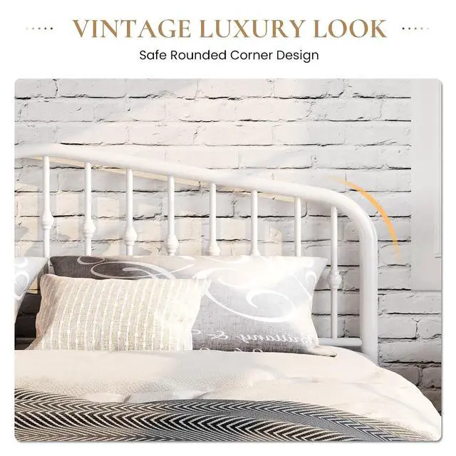 Alt view image 4 of 7 - King Size Metal Platform Bed Frame with Victorian Style Wrought Iron-Art Headboard/Footboard, No Box Spring Required, White