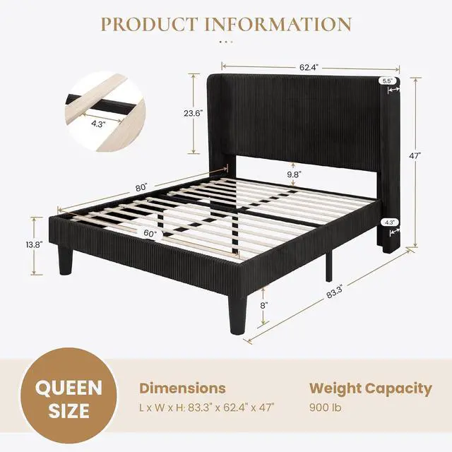Alt view image 2 of 7 - Queen Size Corduroy Upholstered Platform Bed Frame with Vertical Channel Tufted Wingback Headboard, 8" Under Bed Storage, Wooden Slats & Metal Frame Support, Easy Assembly, Black