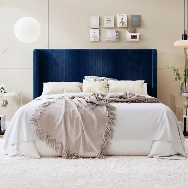 Main image of King Size Corduroy Upholstered Platform Bed Frame with Vertical Channel Tufted Wingback Headboard, 8" Under Bed Storage, Wooden Slats & Metal Frame Support, Easy Assembly, Dark Blue