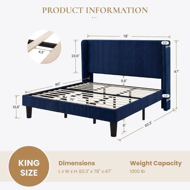 Alt view image 2 of 7 - King Size Corduroy Upholstered Platform Bed Frame with Vertical Channel Tufted Wingback Headboard, 8" Under Bed Storage, Wooden Slats & Metal Frame Support, Easy Assembly, Dark Blue