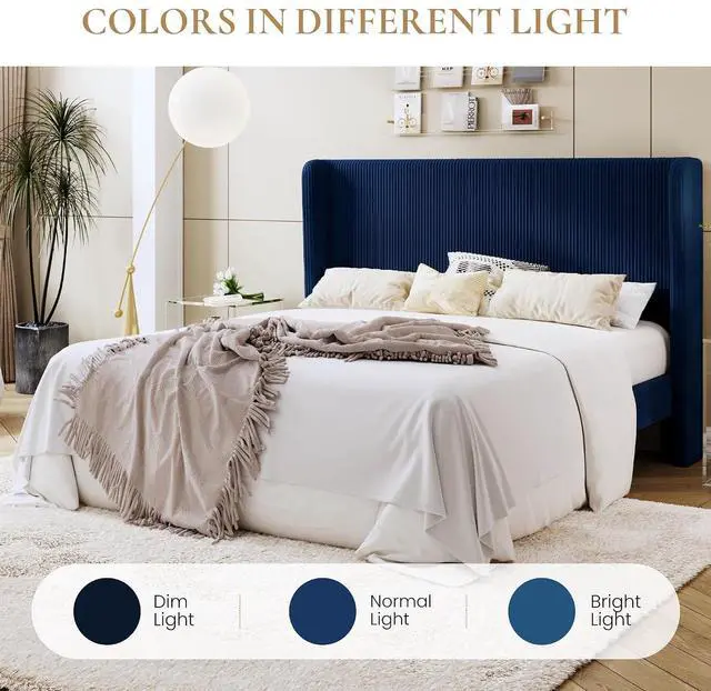 Alt view image 3 of 7 - King Size Corduroy Upholstered Platform Bed Frame with Vertical Channel Tufted Wingback Headboard, 8" Under Bed Storage, Wooden Slats & Metal Frame Support, Easy Assembly, Dark Blue