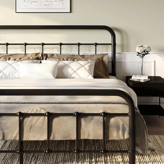 Main image of Queen Size Metal Platform Bed Frame with Headboard and Footboard, Vintage Style Mattress Foundation, No Box Spring Needed, Black