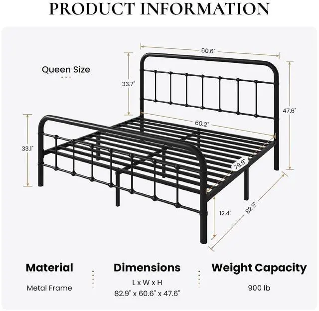 Alt view image 2 of 7 - Queen Size Metal Platform Bed Frame with Headboard and Footboard, Vintage Style Mattress Foundation, No Box Spring Needed, Black