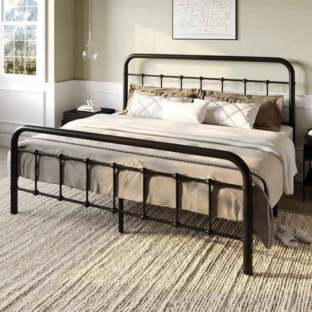 Alt view image 3 of 7 - Queen Size Metal Platform Bed Frame with Headboard and Footboard, Vintage Style Mattress Foundation, No Box Spring Needed, Black