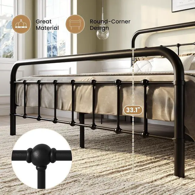 Alt view image 5 of 7 - Queen Size Metal Platform Bed Frame with Headboard and Footboard, Vintage Style Mattress Foundation, No Box Spring Needed, Black