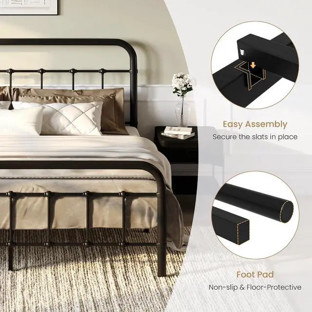 Alt view image 6 of 7 - Queen Size Metal Platform Bed Frame with Headboard and Footboard, Vintage Style Mattress Foundation, No Box Spring Needed, Black