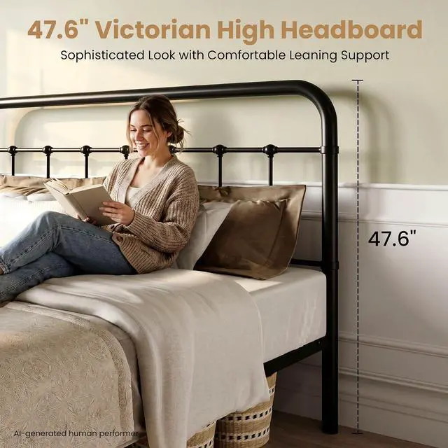 Alt view image 4 of 7 - Queen Size Metal Platform Bed Frame with Headboard and Footboard, Vintage Style Mattress Foundation, No Box Spring Needed, Black