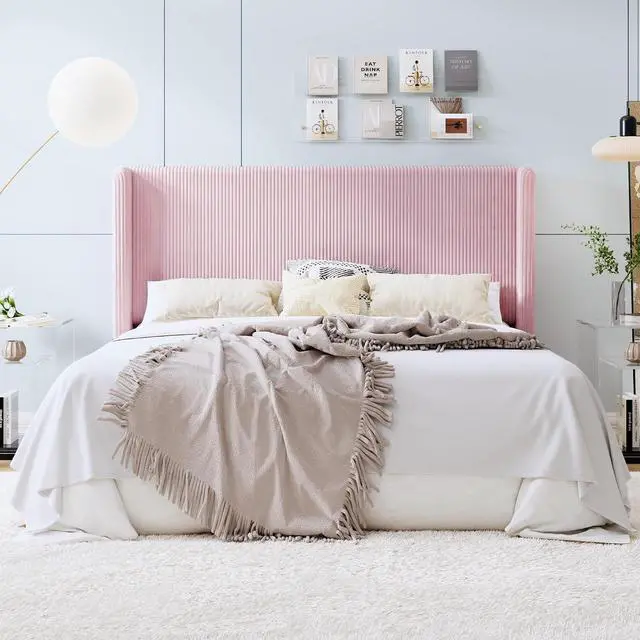 Main image of King Size Corduroy Upholstered Platform Bed Frame with Vertical Channel Tufted Wingback Headboard, 8" Under Bed Storage, Wooden Slats & Metal Frame Support, Easy Assembly, Light Pink