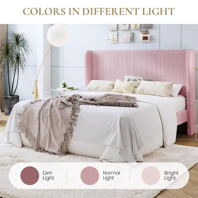 Alt view image 3 of 7 - King Size Corduroy Upholstered Platform Bed Frame with Vertical Channel Tufted Wingback Headboard, 8" Under Bed Storage, Wooden Slats & Metal Frame Support, Easy Assembly, Light Pink