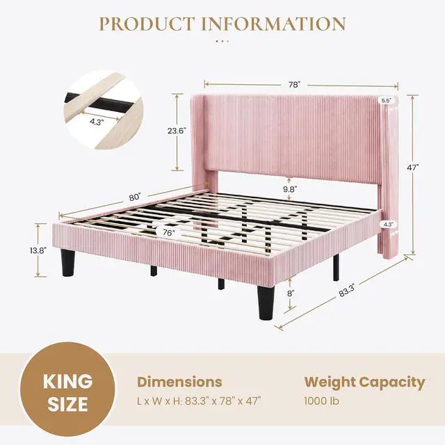 Alt view image 2 of 7 - King Size Corduroy Upholstered Platform Bed Frame with Vertical Channel Tufted Wingback Headboard, 8" Under Bed Storage, Wooden Slats & Metal Frame Support, Easy Assembly, Light Pink