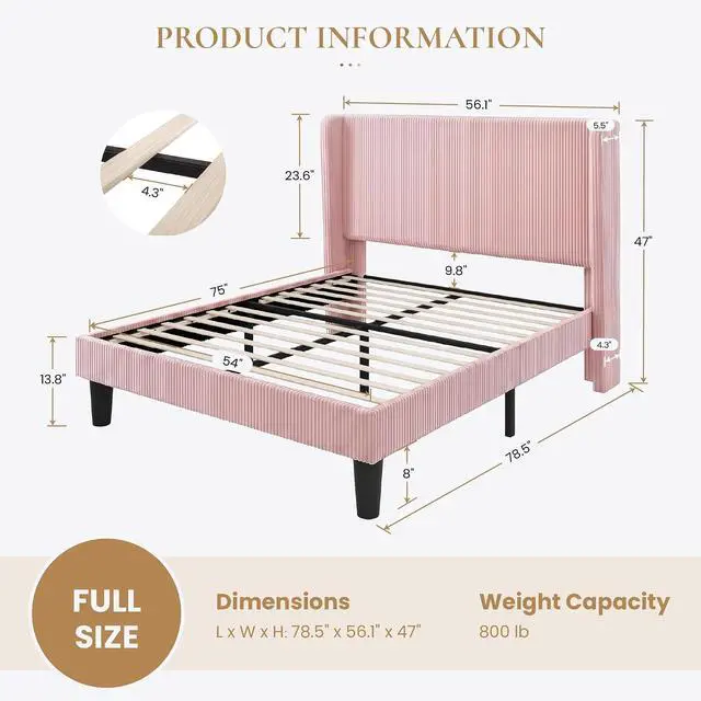 Alt view image 2 of 7 - Full Size Corduroy Upholstered Platform Bed Frame with Vertical Channel Tufted Wingback Headboard, 8" Under Bed Storage, Wooden Slats & Metal Frame Support, Easy Assembly, Light Pink