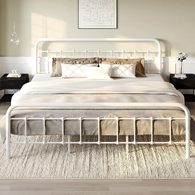 Main image of King Size Bed Frame Metal Platform Bed with Vintage Style Headboard and Footboard, Heavy Duty Mattress Foundation, No Box Spring Needed, Easy Assembly, White