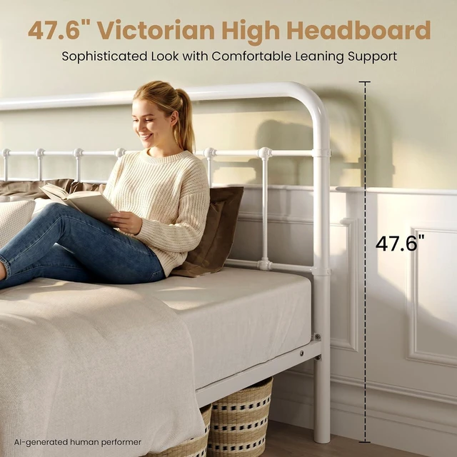 Alt view image 2 of 7 - King Size Bed Frame Metal Platform Bed with Vintage Style Headboard and Footboard, Heavy Duty Mattress Foundation, No Box Spring Needed, Easy Assembly, White