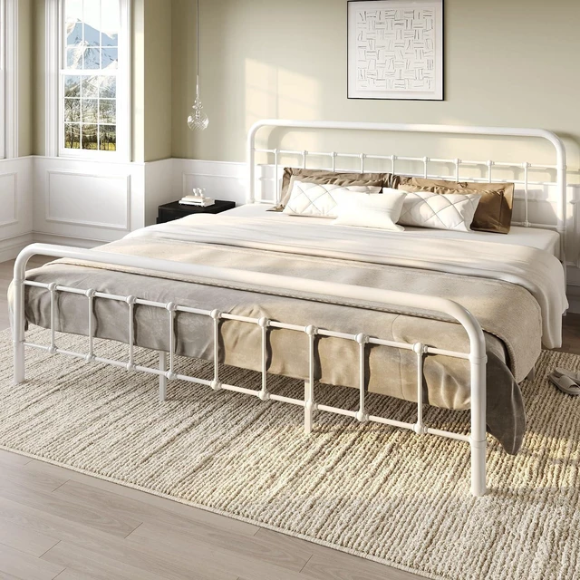Alt view image 3 of 7 - King Size Bed Frame Metal Platform Bed with Vintage Style Headboard and Footboard, Heavy Duty Mattress Foundation, No Box Spring Needed, Easy Assembly, White