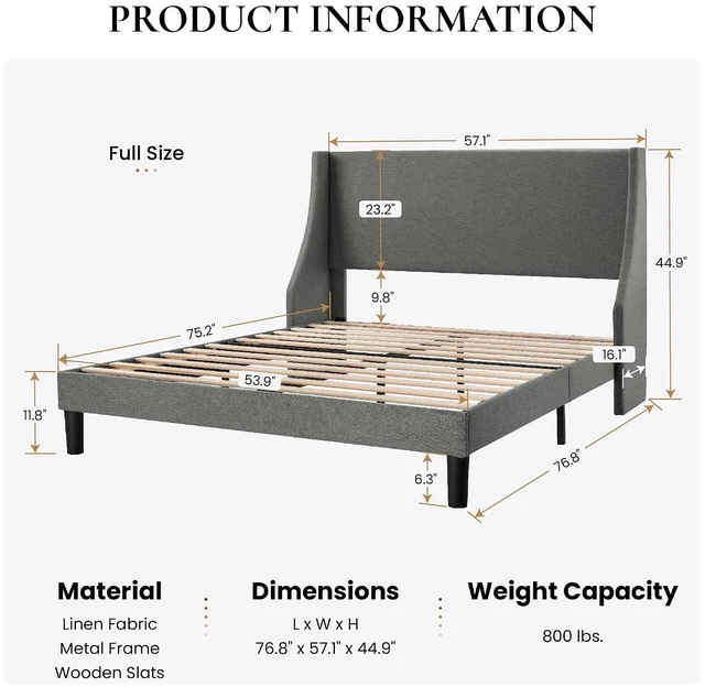 Alt view image 2 of 7 - Upholstered Bed Frame Full Size with Streamlined Wingback Headboard, Breathable Linen Fabric, Solid Wooden Slats, Easy Assembly, Light Grey
