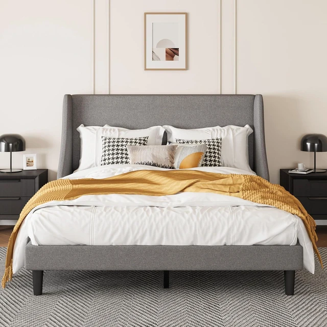 Main image of Upholstered Bed Frame Full Size with Streamlined Wingback Headboard, Breathable Linen Fabric, Solid Wooden Slats, Easy Assembly, Light Grey