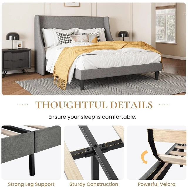 Alt view image 5 of 7 - Upholstered Bed Frame Full Size with Streamlined Wingback Headboard, Breathable Linen Fabric, Solid Wooden Slats, Easy Assembly, Light Grey