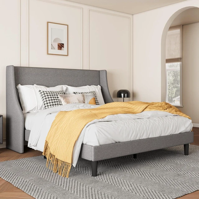 Alt view image 3 of 7 - Upholstered Bed Frame Full Size with Streamlined Wingback Headboard, Breathable Linen Fabric, Solid Wooden Slats, Easy Assembly, Light Grey