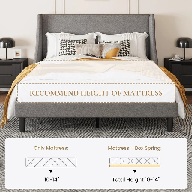 Alt view image 7 of 7 - Upholstered Bed Frame Full Size with Streamlined Wingback Headboard, Breathable Linen Fabric, Solid Wooden Slats, Easy Assembly, Light Grey