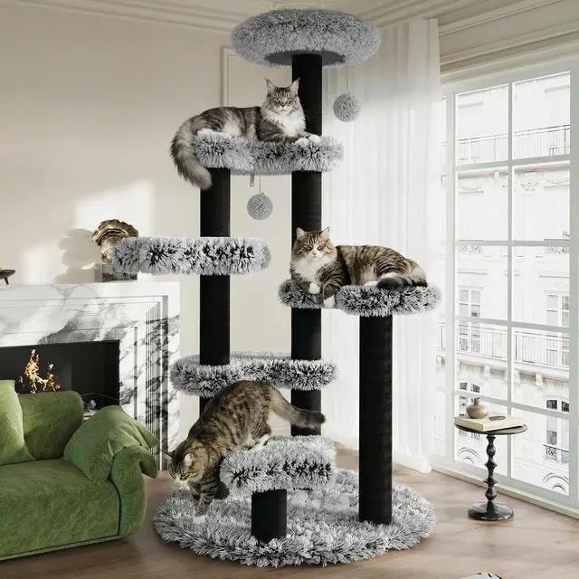 Main image of 61.5in Cat Tree Tower, Multi-Level Activity Center with Cozy Perch, Star-Shaped Platform, Moon Jumping Board, Sisal Scratching Posts, Hanging Toy Balls for Indoor Feline, Black and White
