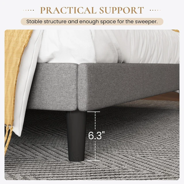 Alt view image 6 of 7 - Upholstered Bed Frame Full Size with Streamlined Wingback Headboard, Breathable Linen Fabric, Solid Wooden Slats, Easy Assembly, Light Grey