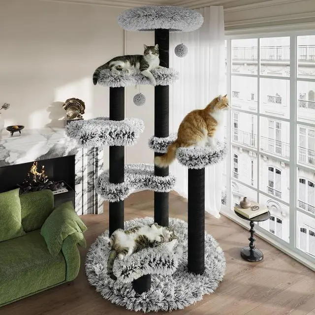 Alt view image 2 of 7 - 61.5in Cat Tree Tower, Multi-Level Activity Center with Cozy Perch, Star-Shaped Platform, Moon Jumping Board, Sisal Scratching Posts, Hanging Toy Balls for Indoor Feline, Black and White
