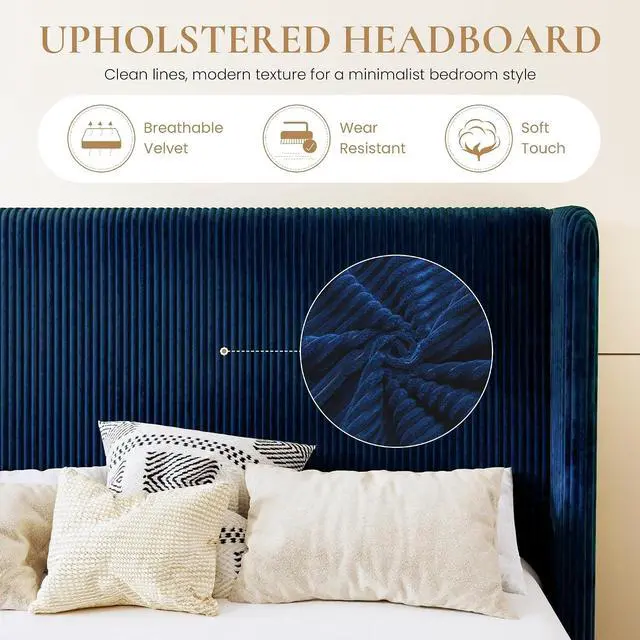 Alt view image 4 of 7 - Full Size Corduroy Upholstered Platform Bed Frame with Vertical Channel Tufted Wingback Headboard, 8" Under Bed Storage, Wooden Slats & Metal Frame Support, Easy Assembly, Dark Blue