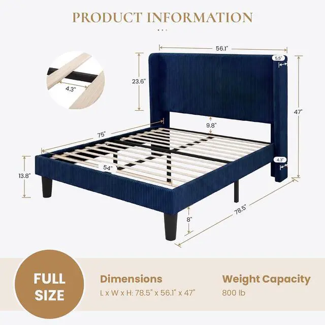 Alt view image 2 of 7 - Full Size Corduroy Upholstered Platform Bed Frame with Vertical Channel Tufted Wingback Headboard, 8" Under Bed Storage, Wooden Slats & Metal Frame Support, Easy Assembly, Dark Blue