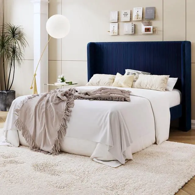 Alt view image 3 of 7 - Full Size Corduroy Upholstered Platform Bed Frame with Vertical Channel Tufted Wingback Headboard, 8" Under Bed Storage, Wooden Slats & Metal Frame Support, Easy Assembly, Dark Blue