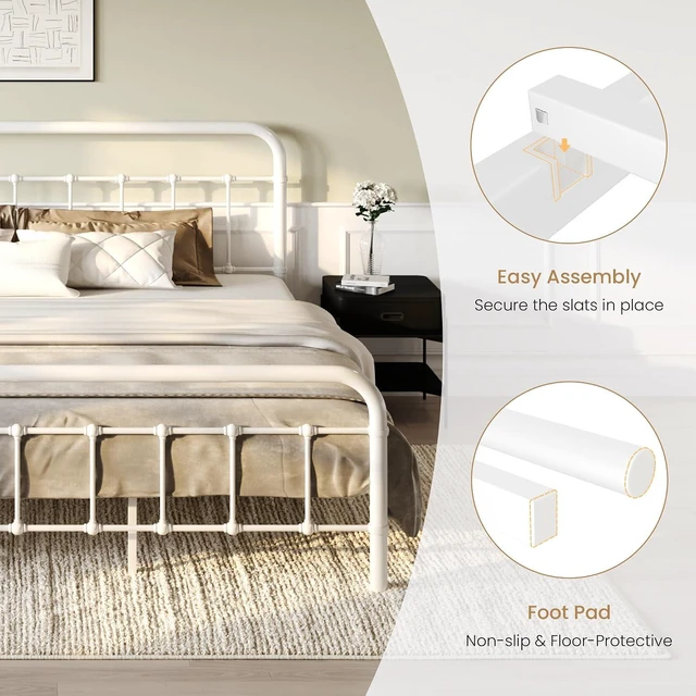 Alt view image 5 of 7 - King Size Bed Frame Metal Platform Bed with Vintage Style Headboard and Footboard, Heavy Duty Mattress Foundation, No Box Spring Needed, Easy Assembly, White