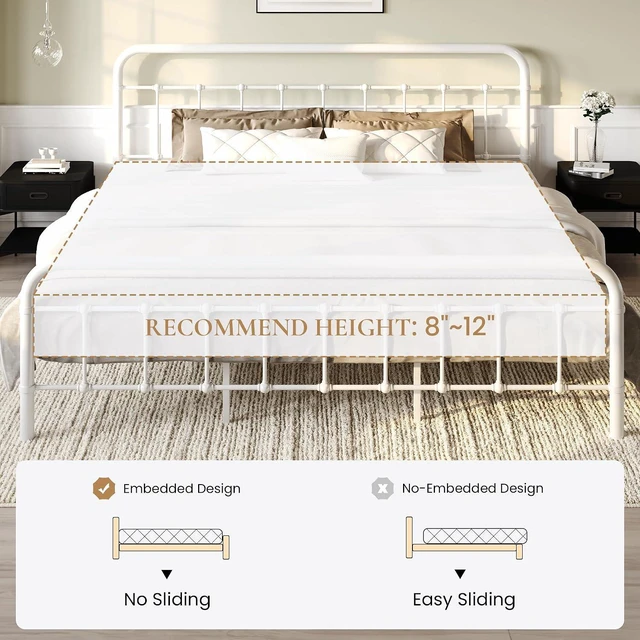 Alt view image 7 of 7 - King Size Bed Frame Metal Platform Bed with Vintage Style Headboard and Footboard, Heavy Duty Mattress Foundation, No Box Spring Needed, Easy Assembly, White