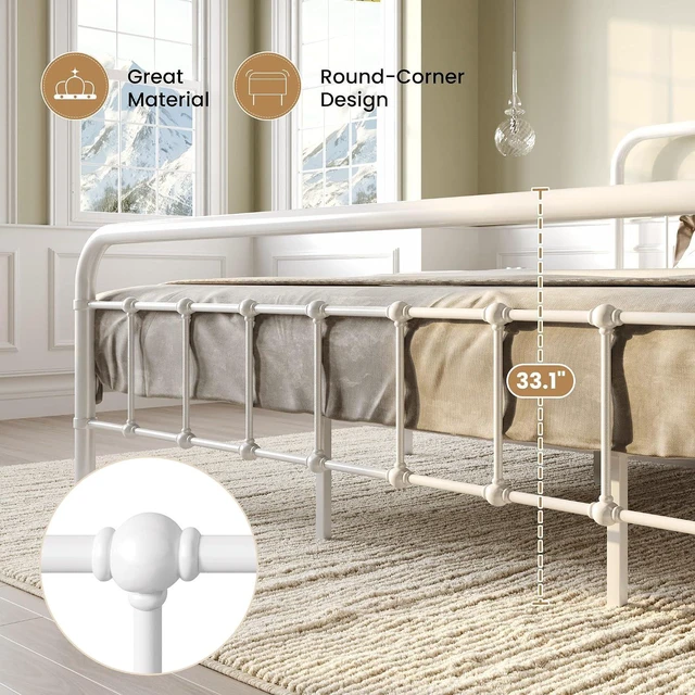 Alt view image 4 of 7 - King Size Bed Frame Metal Platform Bed with Vintage Style Headboard and Footboard, Heavy Duty Mattress Foundation, No Box Spring Needed, Easy Assembly, White
