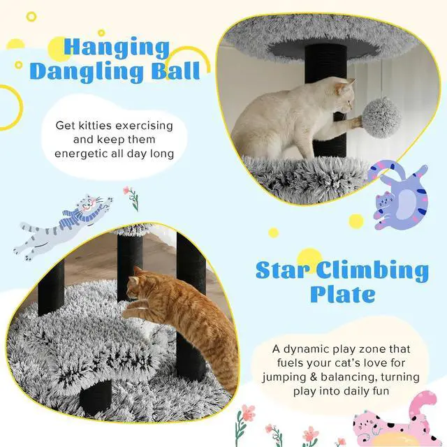 Alt view image 4 of 7 - 61.5in Cat Tree Tower, Multi-Level Activity Center with Cozy Perch, Star-Shaped Platform, Moon Jumping Board, Sisal Scratching Posts, Hanging Toy Balls for Indoor Feline, Black and White