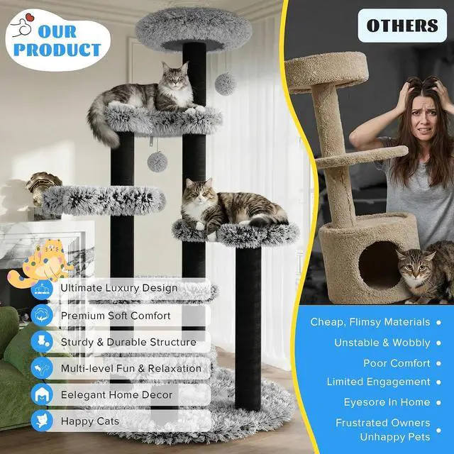 Alt view image 5 of 7 - 61.5in Cat Tree Tower, Multi-Level Activity Center with Cozy Perch, Star-Shaped Platform, Moon Jumping Board, Sisal Scratching Posts, Hanging Toy Balls for Indoor Feline, Black and White