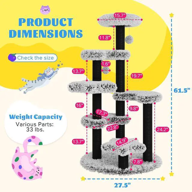 Alt view image 7 of 7 - 61.5in Cat Tree Tower, Multi-Level Activity Center with Cozy Perch, Star-Shaped Platform, Moon Jumping Board, Sisal Scratching Posts, Hanging Toy Balls for Indoor Feline, Black and White