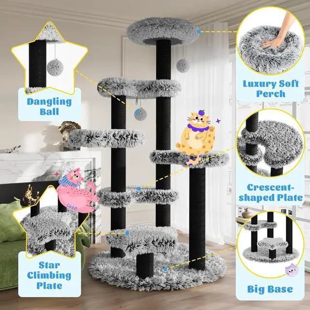 Alt view image 6 of 7 - 61.5in Cat Tree Tower, Multi-Level Activity Center with Cozy Perch, Star-Shaped Platform, Moon Jumping Board, Sisal Scratching Posts, Hanging Toy Balls for Indoor Feline, Black and White