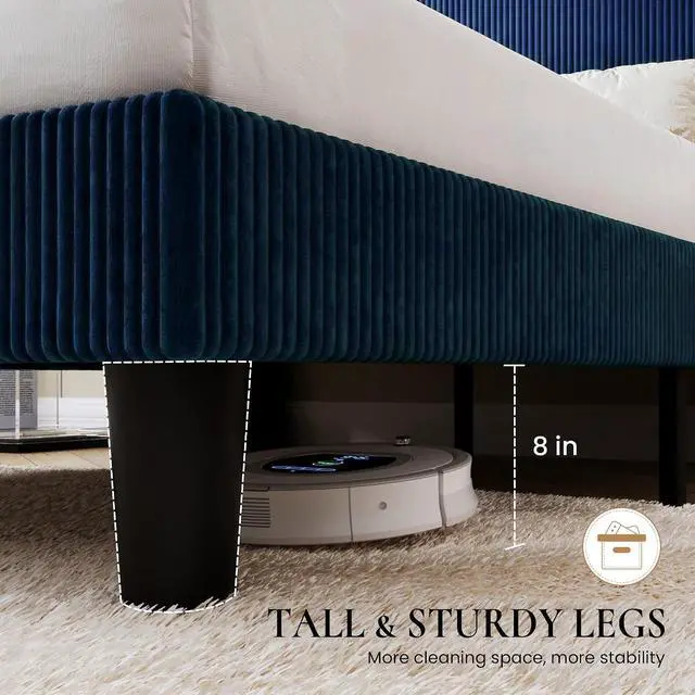 Alt view image 7 of 7 - Full Size Corduroy Upholstered Platform Bed Frame with Vertical Channel Tufted Wingback Headboard, 8" Under Bed Storage, Wooden Slats & Metal Frame Support, Easy Assembly, Dark Blue
