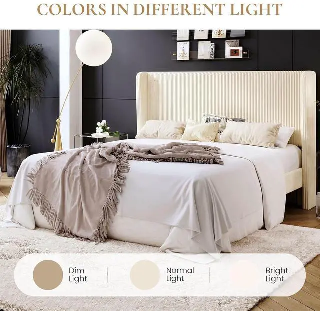 Alt view image 3 of 7 - King Size Corduroy Upholstered Platform Bed Frame with Vertical Channel Tufted Wingback Headboard, 8" Under Bed Storage, Wooden Slats and Metal Frame Support, Easy Assembly, Cream