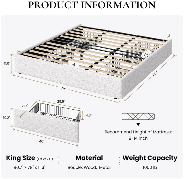 Alt view image 2 of 7 - Boucle King Size Bed Frame with 4 Spacious Drawers, Platform Bed with Soft Teddy Fabric Upholstery, Sturdy Wooden Slats Support, No Box Spring Needed, Noise Free, Easy Assembly, White