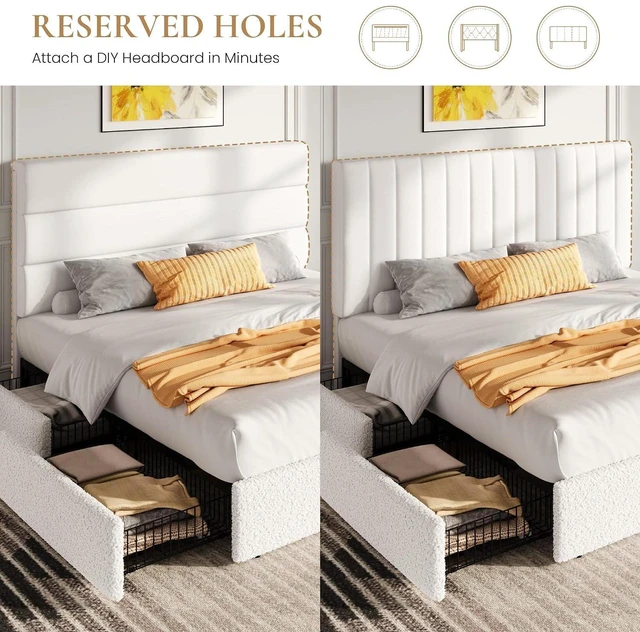 Alt view image 4 of 7 - Boucle King Size Bed Frame with 4 Spacious Drawers, Platform Bed with Soft Teddy Fabric Upholstery, Sturdy Wooden Slats Support, No Box Spring Needed, Noise Free, Easy Assembly, White