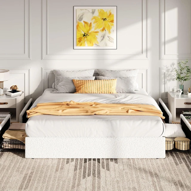 Alt view image 3 of 7 - Boucle King Size Bed Frame with 4 Spacious Drawers, Platform Bed with Soft Teddy Fabric Upholstery, Sturdy Wooden Slats Support, No Box Spring Needed, Noise Free, Easy Assembly, White