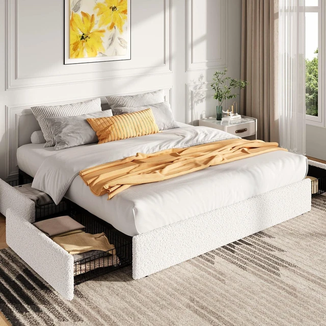 Main image of Boucle King Size Bed Frame with 4 Spacious Drawers, Platform Bed with Soft Teddy Fabric Upholstery, Sturdy Wooden Slats Support, No Box Spring Needed, Noise Free, Easy Assembly, White