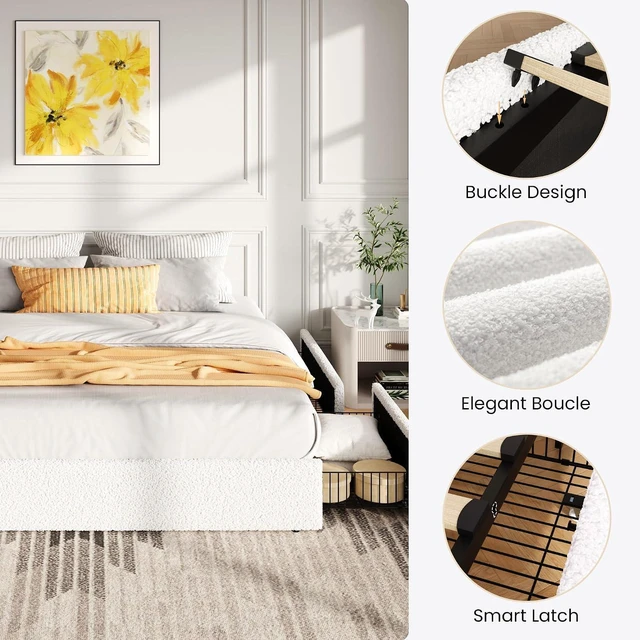 Alt view image 6 of 7 - Boucle King Size Bed Frame with 4 Spacious Drawers, Platform Bed with Soft Teddy Fabric Upholstery, Sturdy Wooden Slats Support, No Box Spring Needed, Noise Free, Easy Assembly, White