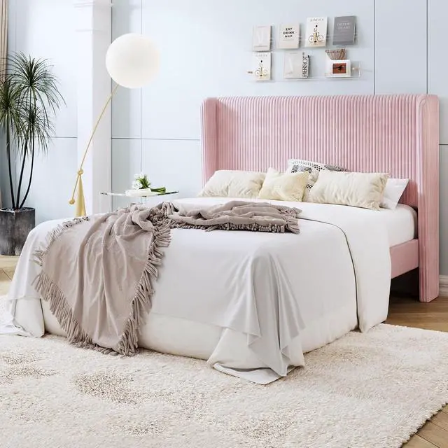 Alt view image 3 of 7 - Full Size Corduroy Upholstered Platform Bed Frame with Vertical Channel Tufted Wingback Headboard, 8" Under Bed Storage, Wooden Slats & Metal Frame Support, Easy Assembly, Light Pink