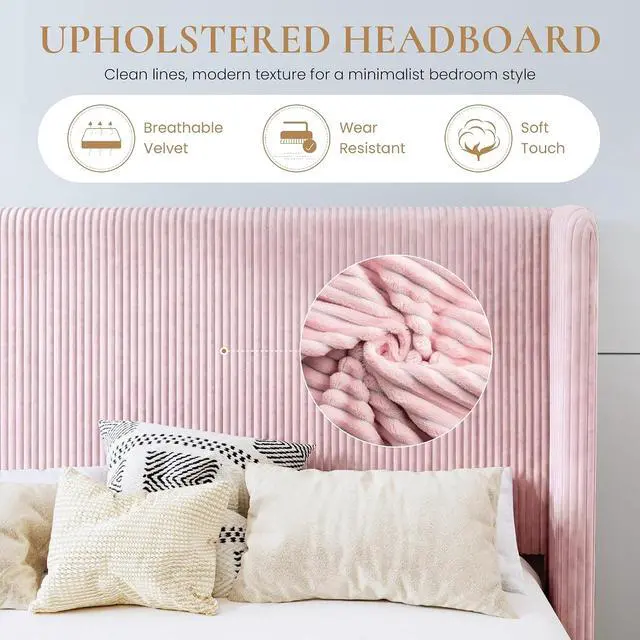 Alt view image 4 of 7 - King Size Corduroy Upholstered Platform Bed Frame with Vertical Channel Tufted Wingback Headboard, 8" Under Bed Storage, Wooden Slats & Metal Frame Support, Easy Assembly, Light Pink