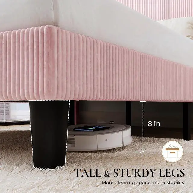 Alt view image 6 of 7 - King Size Corduroy Upholstered Platform Bed Frame with Vertical Channel Tufted Wingback Headboard, 8" Under Bed Storage, Wooden Slats & Metal Frame Support, Easy Assembly, Light Pink