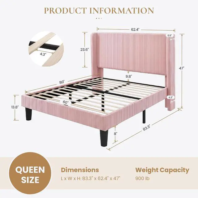 Alt view image 2 of 7 - Queen Size Corduroy Upholstered Platform Bed Frame with Vertical Channel Tufted Wingback Headboard, 8" Under Bed Storage, Wooden Slats & Metal Frame Support, Easy Assembly, Light Pink