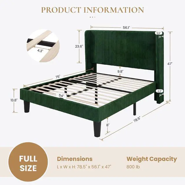 Alt view image 2 of 7 - Full Size Corduroy Upholstered Platform Bed Frame with Vertical Channel Tufted Wingback Headboard, 8" Under Bed Storage, Wooden Slats & Metal Frame Support, Easy Assembly, Dark Green