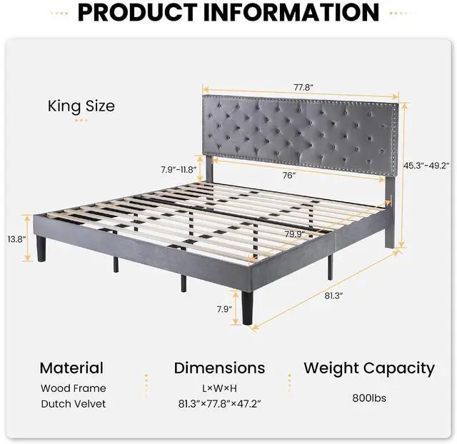 Alt view image 2 of 7 - King Size Velvet Bed Frame with Adjustable Headboard, Diamond Button Tufted and Rivet Decor, No Box Spring Needed, Silver Grey